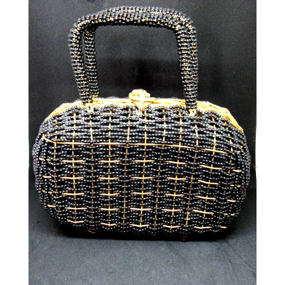 Vintage Handbag Walborg Beaded black golden interior hard wired frame 1960